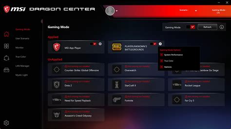 msi center gaming mode, Msi center gaming dragon mode first system profile ins outs oc performance options select. Msi global