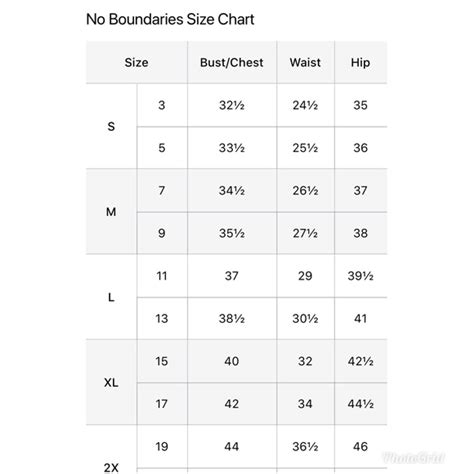 No Boundaries Jeans Size Chart