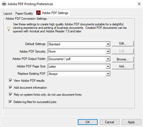 pdf printer settings, Pdf printer settings – mode