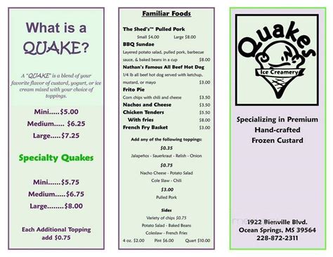 quakes ice creamery menu
