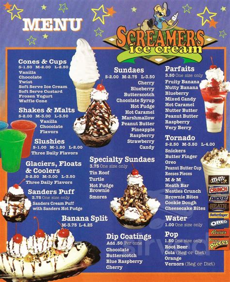 screamers ice cream menu