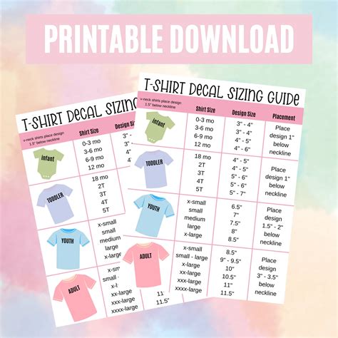 Shirt Decal Size Chart