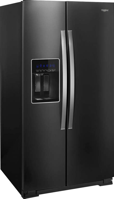 side by side black refrigerator with ice maker