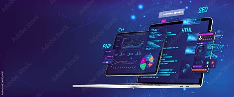 software developer banner ui, Banner software development. programming, web site and app. laptop with