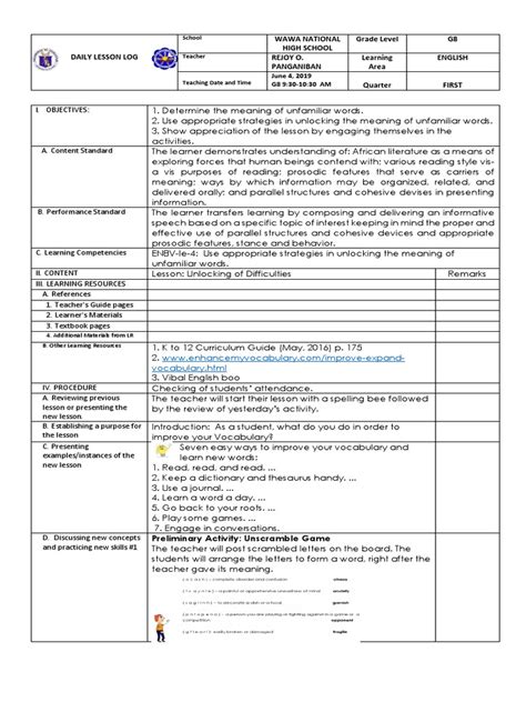 tagalog ng unlocking of difficulties, Lesson plan (unlocking of difficulties)