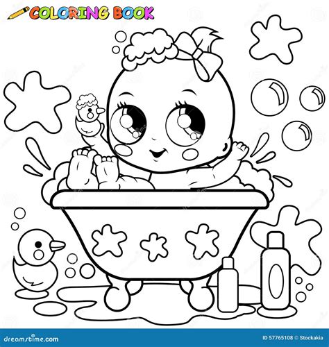 taking a bath coloring page, Baby girl taking a bath coloring page stock vector image & art