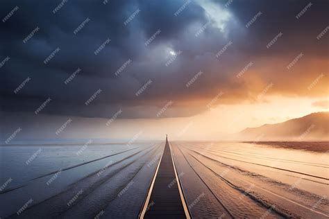 track in middle of road, Premium ai image