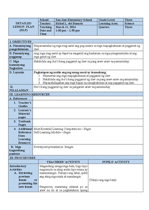 unlocking difficulties in tagalog lesson plan, Lesson plan (unlocking of difficulties)