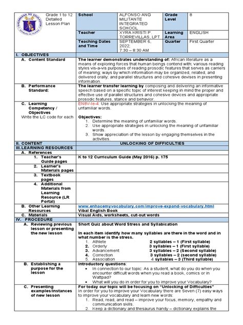 unlocking of difficulties example, The lesson plan