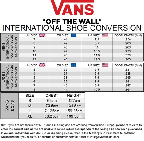 vans size chart shoes
