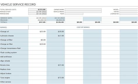 Vehicle Service Template Excel