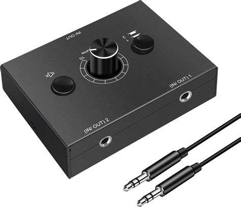 video and audio switcher, 2-way audio switcher hub headset/speaker selector with microphone. Audio switcher selector headset microphone speaker hub 5mm mic volume control way port headphone stereo