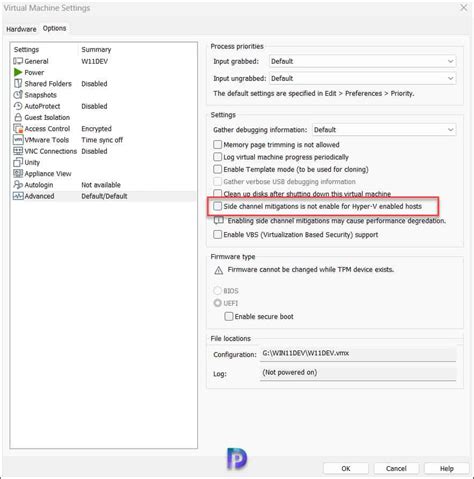vmware workstation disable side channel mitigations, Disable side channel mitigation in vmware workstation
