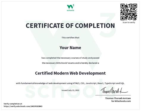 web development course certificate, Modern web development certification — w3schools.com