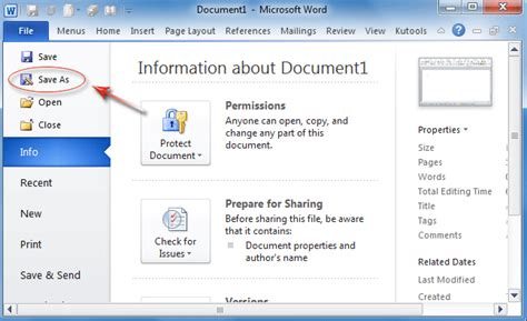 which command is used to save a word document, Save document in word 2010