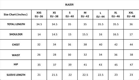 Womens Blazer Sizing Chart